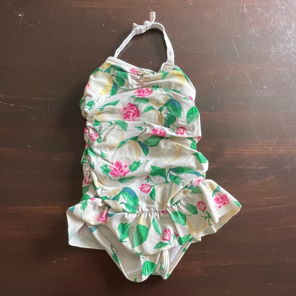 Janie and Jack Girls Size 3 Lemon Rose Floral Ruffle One Piece Halter Swimsuit
